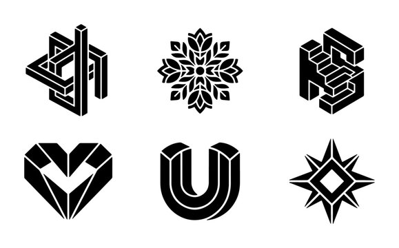 Isometric geometric logo icons set, black abstract optical illusion symbols, 6 vector graphic elements for corporate branding and identity design