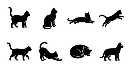 Black cat silhouettes set of 8 vector icons, domestic feline pet poses in various actions, minimalist animal shapes for logo design and web graphics © Farhanaz