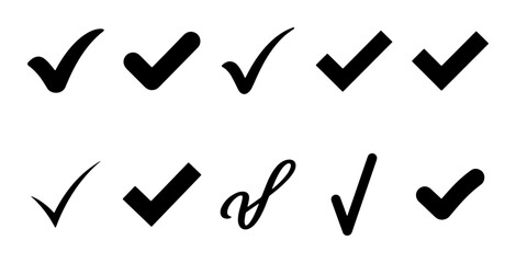 Black check mark icon set, 10 vector tick symbols for approval and success, minimalist validation signs, diverse checkmark shapes for UI design © Farhanaz