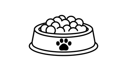 Minimalist Dog Food Bowl Vector Icon with Editable Stroke. Clean black line illustration of a pet feeding dish filled with kibble and a paw print logo, ideal for animal care and pet shop branding. © watsons
