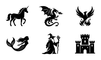 Fantasy mythical creatures silhouette icons, set of 6 black vector symbols including dragon and unicorn, medieval magic and fairytale elements © Jahid