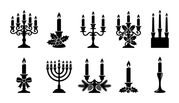 Vintage Christmas candelabra silhouettes, 10 holiday candle holder vector icons, elegant black menorah and festive candlestick set for winter celebrations