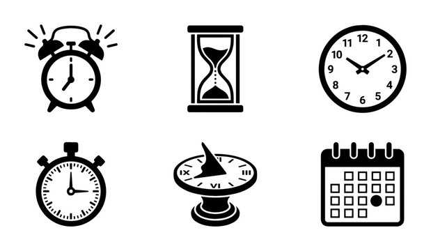 Minimalist time management icon set, black clock and calendar vector symbols, hourglass and stopwatch illustrations for business productivity