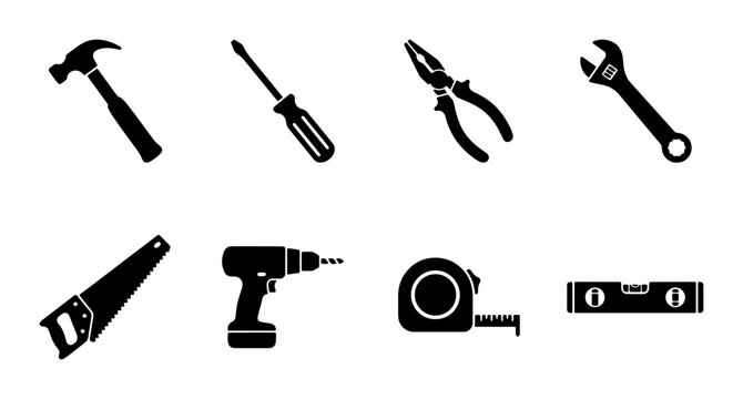 Black construction hand tools icon set, 8 professional hardware equipment symbols, industrial repair and carpentry tool vector collection for DIY projects
