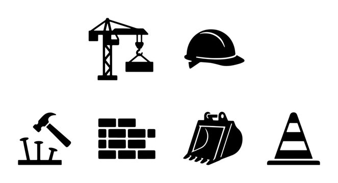Construction icon set with 6 black vector silhouettes, industrial building site symbols, heavy machinery and safety equipment graphics for engineering