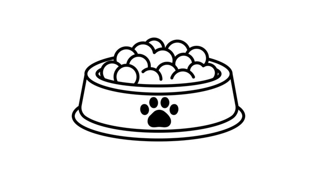 Minimalist Dog Food Bowl Vector Icon with Editable Stroke. Clean black line illustration of a pet feeding dish filled with kibble and a paw print logo, ideal for animal care and pet shop branding.
