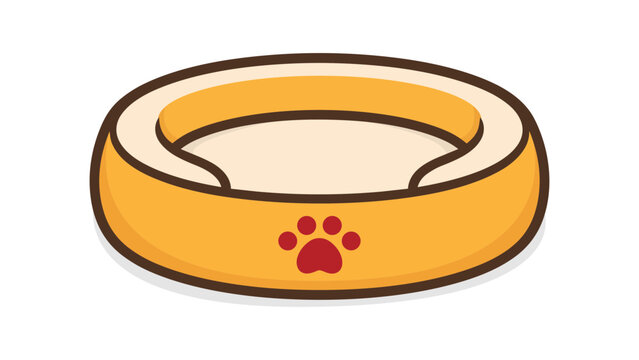 Modern flat vector illustration of a comfortable round pet bed cushion featuring a red paw print emblem. This minimalist icon is perfect for pet care apps, animal shop websites, and vet services.