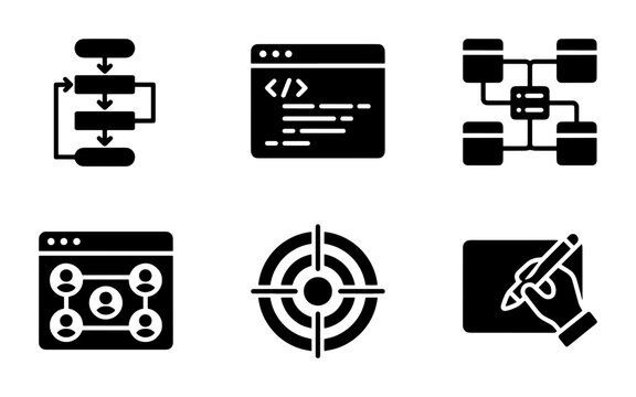 Software development and project management icons set, black solid vector symbols for coding workflow, data architecture and business strategy