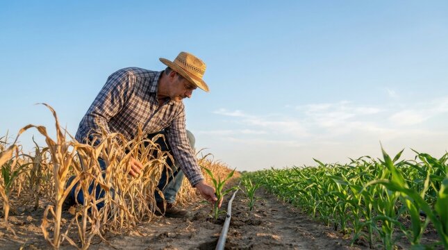 Farmer examining withered dry crops and healthy green plants with irrigation system conceptualizing climate change