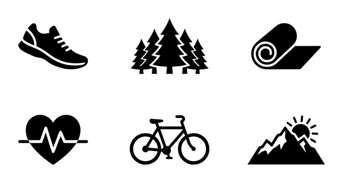 Outdoor fitness and wellness icon set, 6 black vector symbols for hiking and exercise, minimalist mountain and bicycle graphics for sports apps