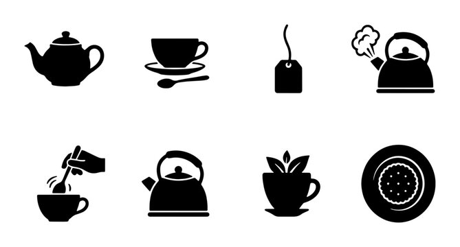 Minimalist tea time icon set, black silhouette teapot and teacup vector collection, 8 beverage preparation symbols for cafe menus and kitchen branding