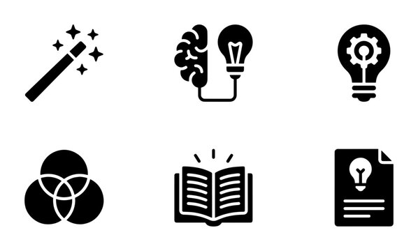 Creative thinking and innovation icon set, 6 solid black vector symbols for brainstorming and problem solving, lightbulb and brain concept graphics