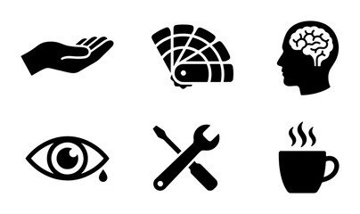 Minimalist black solid icon set, collection of 6 flat vector symbols including brain, hand, color palette, eye, tools, and coffee cup for web design © Nadira
