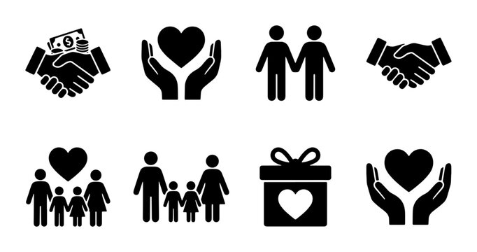 Charity and community icons set, 8 black vector symbols for donation and family support, nonprofit organization and volunteering graphics