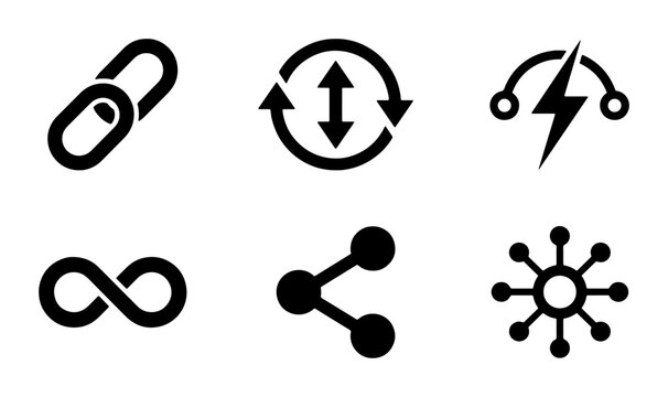 Minimalist black connectivity icons set, 6 vector symbols for networking and data transfer, modern digital link and sync interface elements