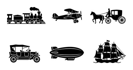 Vintage transportation icons set, antique vehicle silhouettes including steam train and biplane, retro travel collection with ship and carriage vector © Farhanaz