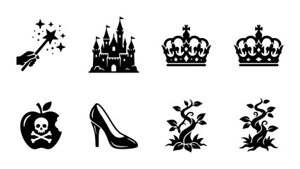 Fairy tale icons set, black silhouette fantasy elements with castle and magic wand, 8 vector graphics for storytelling and children books © Nadira