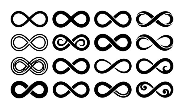 Infinity symbol vector collection, set of 16 black eternal loop icons, minimalist mathematical infinity signs, decorative endless line art for logo design