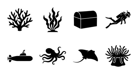 Underwater ocean life icon set, black silhouette sea creatures and diving elements, 8 vector symbols of marine life and exploration © Nadira