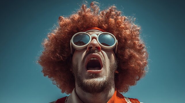 Man with an orange afro and sunglasses screaming against the blue sky