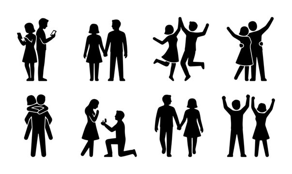 Romantic couple silhouette icons set, man and woman relationship activities vector, wedding proposal and dating life pictograms, black human figures