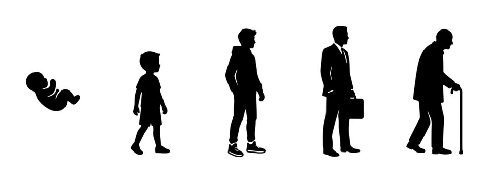 Human life cycle evolution silhouettes, aging process from baby to elderly man, male growth stages vector set, chronological development timeline