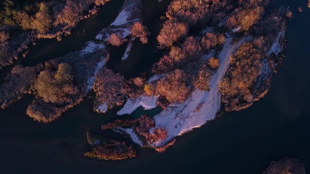 Aerial view from a drone of the Alberche River near the Cazalegas Reservoir, close to the town of Cazalegas. Province of Toledo. Castile-La Mancha. Spain. Europe