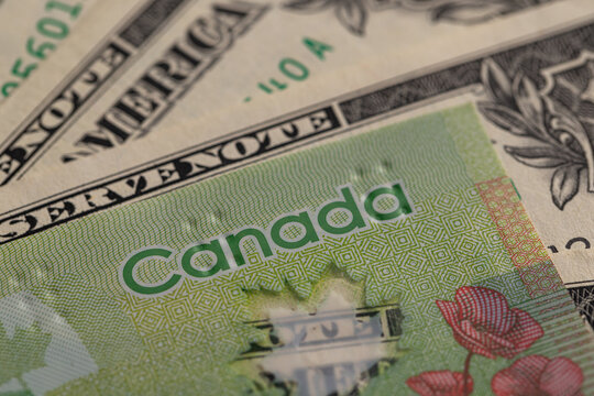 Canadian 20 dollar polymer banknote with poppy and US dollar fragment