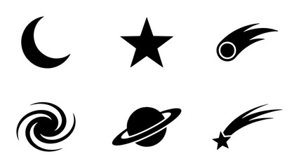 Minimalist space icon set with 6 black vector elements, celestial astronomy symbols including moon and star, galaxy and planet silhouettes for web design © Jannatul