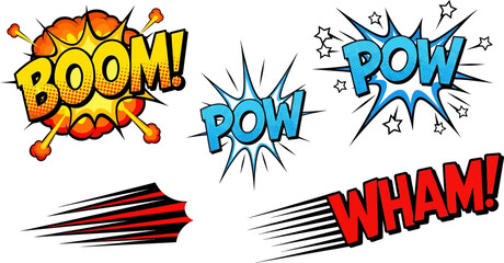 Comic book style explosion and impact sound effect words and motion lines isolated on transparent background © Badhon