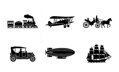 Vintage transportation silhouettes set, antique vehicle icons including steam train and biplane, retro travel collection with 6 vector elements © Nadira