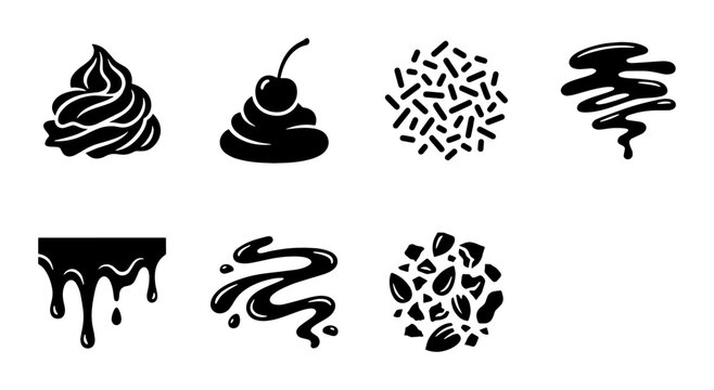 Minimalist dessert topping icons, black whipped cream and chocolate drip vector set, sweet food garnish elements for bakery menu design