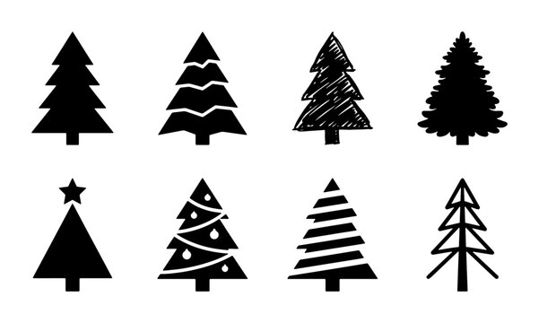 Minimalist Christmas tree icons set, black pine tree silhouettes, hand drawn evergreen fir vector collection, winter holiday nature symbols