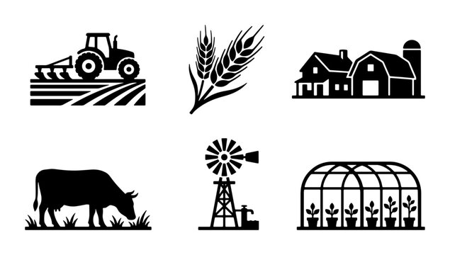 Agriculture and farming icon set, black flat vector silhouettes of tractor, barn, cow and wheat, organic food production and ranching symbols