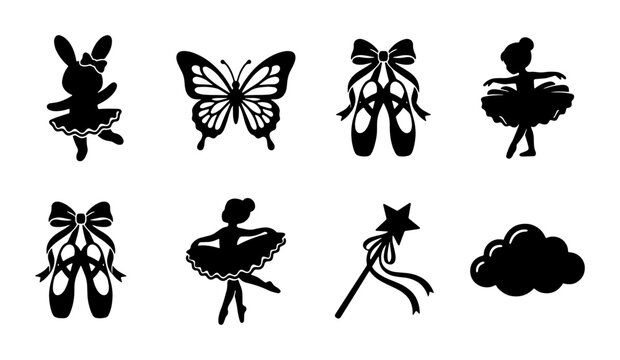 Ballerina silhouette vector set, ballet dancer icons with pointe shoes and butterfly, 8 black feminine elements for dance school branding and crafts