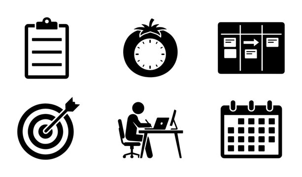 Productivity and time management icons set, black pomodoro timer and kanban board vector, business task planning and goal achievement symbols