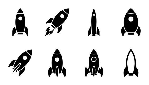 Rocket ship icon set, black silhouette space shuttle vector collection, 8 minimalist spacecraft launch symbols for business startup and technology