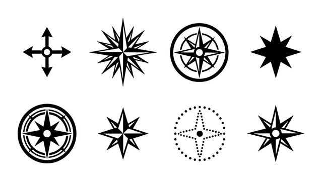 Vintage nautical compass rose icons, set of 8 black wind rose vector symbols, maritime navigation star elements for maps and travel design