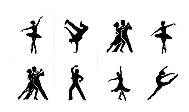 Black dance silhouettes set, 8 vector icons of ballet dancers and ballroom couples, breakdance and contemporary performance figures on white background