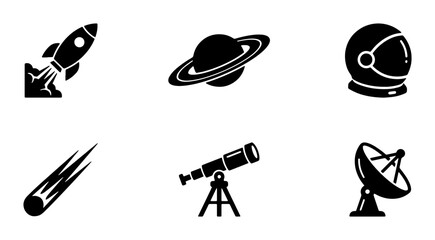 Space exploration icon set, black solid vector symbols of rocket ship and planet, astronomy telescope and astronaut helmet icons for science education © Tania