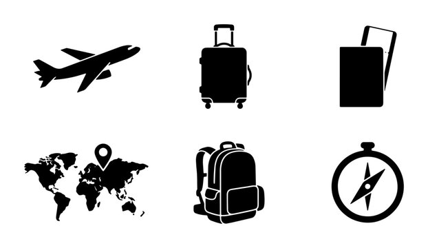 Travel icon set with airplane and luggage, black silhouette vacation symbols, world map and compass vector elements for tourism design