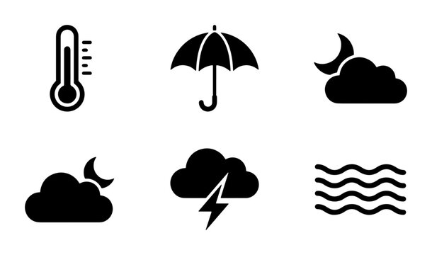 Minimalist weather icon set with 6 black vector symbols, meteorology forecast elements including thermometer and umbrella, storm and night sky graphics