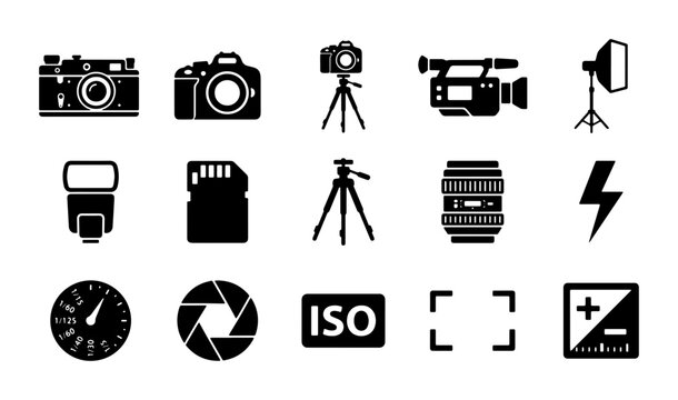 Photography icon set with 15 black vector elements, professional camera equipment and digital imaging symbols, studio gear and video production icons