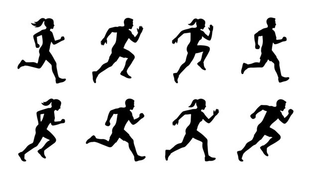Running man and woman silhouettes, set of 8 athlete jogging vector icons, black male and female runner figures for fitness and marathon design