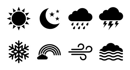 Fototapeta premium Minimalist weather icon set, black silhouette meteorology symbols, collection of 8 flat vector elements for forecast apps and climate reports