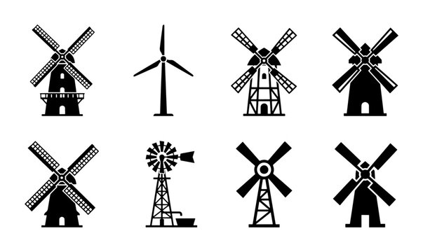 Windmill icon set with 8 black vector silhouettes, traditional Dutch wind mills and modern wind turbine symbols, sustainable energy and farm icons