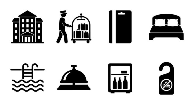 Hotel service icons set, black hospitality symbols collection, travel and accommodation vector elements for wayfinding and signage