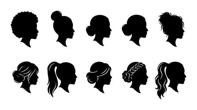 Woman hairstyle silhouette collection, 10 female head profile icons with diverse hair types, black beauty salon vector set for logo design