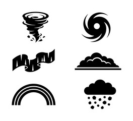 Naklejka premium Extreme weather icons set, black tornado and hurricane symbols, rainbow and storm cloud vector illustrations, aurora borealis and hail icons