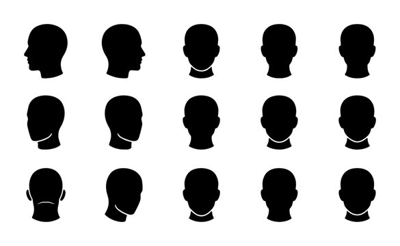 Human head silhouette collection with 15 icons, male profile and front view headshots, black manikin head vector set for medical and fashion design